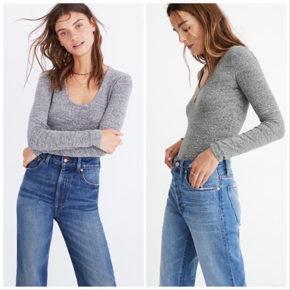 Madewell Grey Knit Scoop Neck Long-Sleeve Bodysuit
